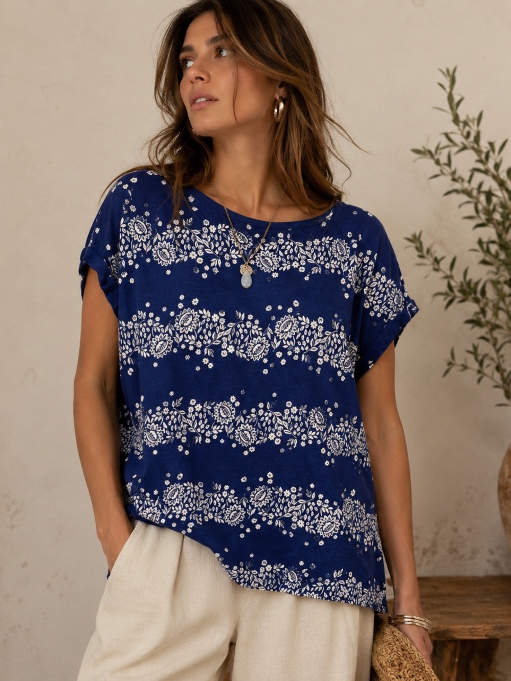 FatFace Blue Floral Oversized Tee Medium Cotton Slub Coastal Boho Top